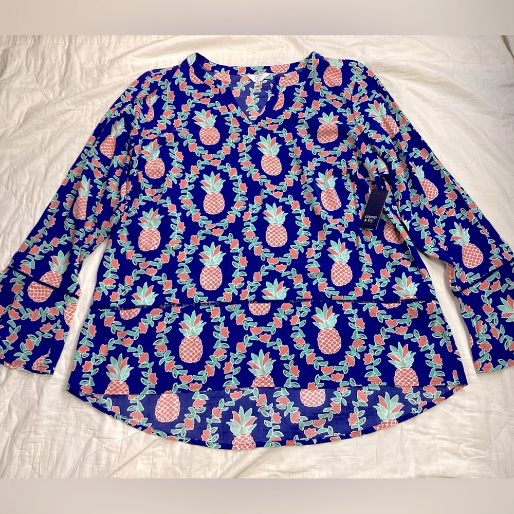 NWT Crown & Ivy Curvy Streets of Charleston Pineapple Blouse 1X